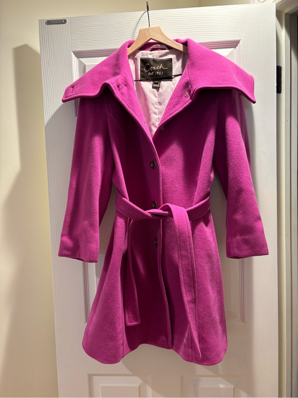 Coach Vibrant Pink Belted Wool Trench Coat